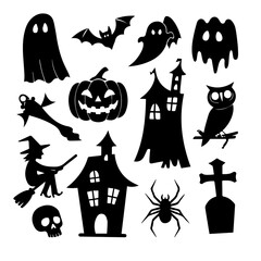 Spooky halloween silhouettes featuring ghosts bats pumpkins haunted houses witches owls spiders and tombstones against a white background