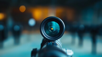 Rifle scope close-up with blurred target in background