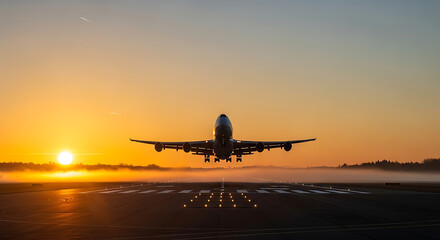 Massive jetliner powerfully lifts off runway at sunrise surrounded by golden mist and clear skies