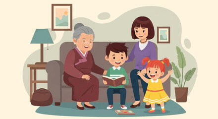 Happy multi-generational family bonding at home. Grandmother and mother watch children read and play, depicting love, learning, and togetherness.