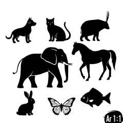 Silhouette collection of diverse animals including a dog cat elephant horse rabbit butterfly fish and antelope against a white background