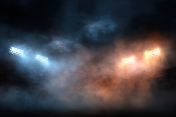 Dark fog envelops stadium lights illuminating the field as anticipation builds for the upcoming game at night, creating an electrifying atmosphere in the arena