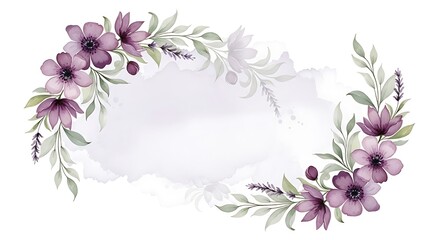 Watercolor Floral Frame with Purple Flowers and Green Leaves on White Background