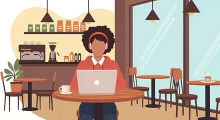 Focused person wearing headphones works diligently on a laptop at a cozy cafe table. Ideal for remote work, study, or digital nomad themes.
