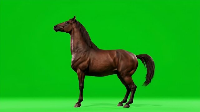 Dynamic brown horse posing on green screen footage, showcasing rearing, standing, and walking with clean visual effects potential for creative
