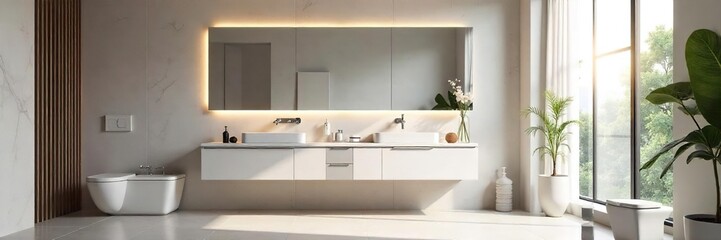 Modern minimalist bathroom featuring a large vanity mirror reflecting sleek fixtures and clean lines  The spacious room showcases contemporary design and high-end finishes ,  sleek,  white,  upscale
