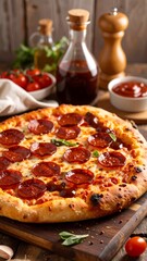Close-up of a delicious pepperoni pizza, topped with mozzarella cheese, and a drizzle of barbecue sauce, sitting on a wooden cutting board.