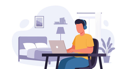 Man wearing headphones works on a laptop at his desk in a cozy home bedroom. Depicts remote work, online learning, or modern freelance lifestyle.