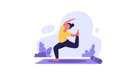 Woman practicing yoga, balancing on a mat, demonstrating flexibility and mindfulness. Ideal for health, wellness, and lifestyle content.