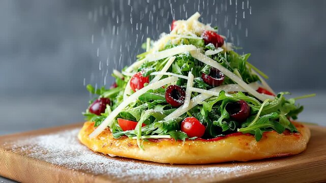 Freshly prepared salad topping is artfully sprinkled with grated cheese and herbs, showcasing a vibrant mix of greens, tomatoes, and olives on a golden crust, enhancing the culinary presentation