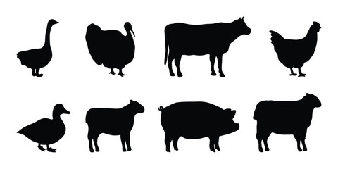 Farm Animals Silhouette Vector. Cow, Pig, Sheep, Chicken, Duck, Turkey, Goose. Livestock Vector Silhouettes, Farm Animal Collection