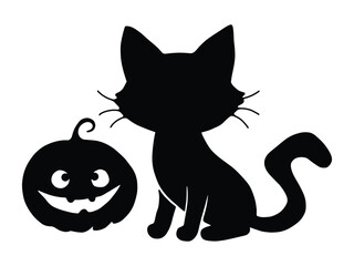 Halloween Cat and Pumpkin Silhouette Vector, Black Cat with Jack O’Lantern Vector Illustration