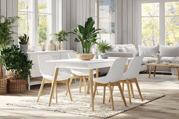 White dining area with natural elements.