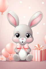 Fototapeta premium Cute bunny with pink bow and balloons