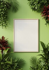 緑の壁に囲まれた、木枠の空白の額縁と熱帯植物