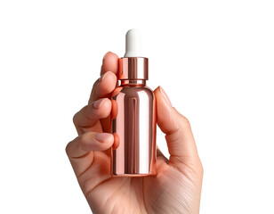 Hand Holding Rose Gold Dropper Bottle with Pipette Isolated on Transparent Background