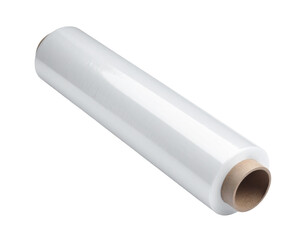A white roll of plastic film or cling wrap, a common kitchen item, isolated on a white background.