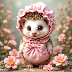 Fototapeta premium A delightful hedgehog in a pink outfit smiles among blooming flowers in a serene setting.