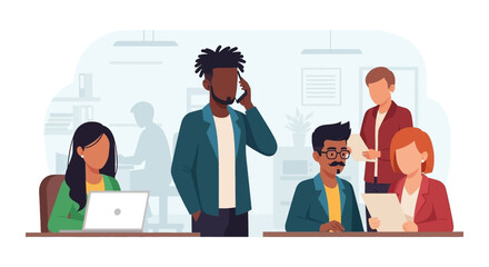 Diverse business team collaborating and working in a modern office. Ideal for concepts of teamwork, communication, and professional productivity.