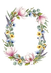 Fototapeta premium Watercolor Floral Wreath Featuring Magnolia, Lavender, and Eucalyptus on White Background