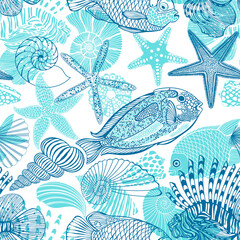 Art sea background. Seamless pattern with exotic sea fish, shells, nautiluses and starfish. Colored hand drawn silhouettes and outlines on white. Perfect for design templates, wallpaper, wrapping, fab