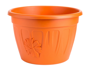 A simple orange plastic flower pot, a common gardening item, isolated on a white background.