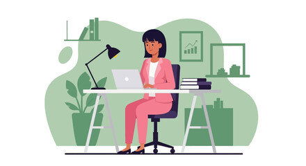 Professional woman working on a laptop at her modern desk in an office or home office setting. Represents remote work, productivity, and contemporary business lifestyle.