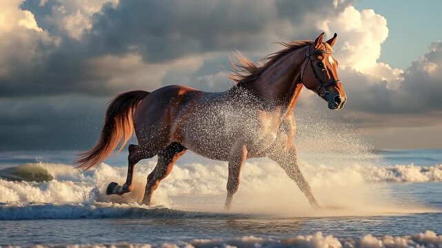 Brown horse running through ocean waves at sunset on sandy beach symbolizing 2026 Year of the Fire Horse