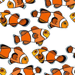 Clownfish. Colored hand drawn silhouettes on white.  Stylish seamless pattern on marine theme. Perfect for design templates, wallpaper, wrapping, fabric, print and textile. 