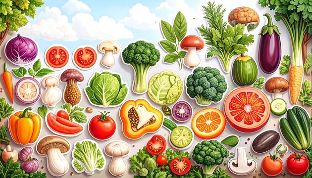 Colorful collection of various fresh fruits and vegetables arranged in a vibrant, illustrated composition.