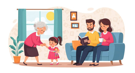 Happy multi-generational family enjoying a cozy day at home. Grandmother and granddaughter share a moment while parents relax on the couch. Ideal for family life, childcare, or home concepts.