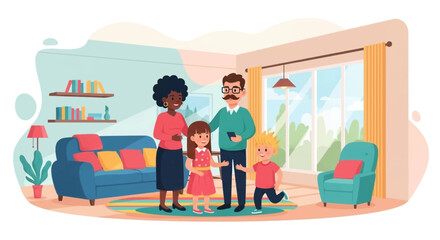 A happy, diverse family with two children enjoying time together in their modern, cozy living room, symbolizing home life and togetherness.
