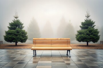 Wooden park bench between two fir trees in a foggy park with wet pavement