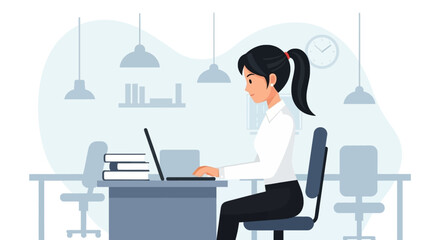 Professional woman working on a laptop at her office desk. Illustrates productivity, remote work, or corporate administration, ideal for business concepts.