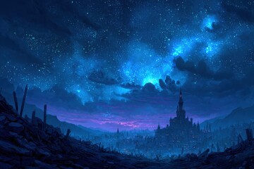 Majestic castle illuminated under a starry night sky in an enchanting fantasy landscape with an anime style illustration featuring vibrant colors and ethereal elements