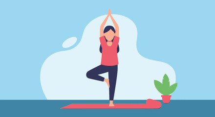 A woman practicing yoga in tree pose (Vrikshasana) on a mat, emphasizing balance, mindfulness, and healthy living for wellness and lifestyle concepts.