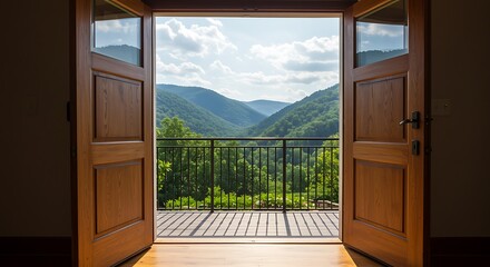 Open wooden doors revealing lush green mountain valley landscape open door balcony