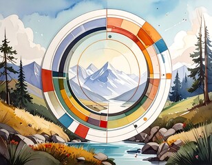 A tranquil mountain landscape framed by a colorful, circular color palette.