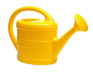A yellow watering can, a common gardening tool, isolated on a white background.
