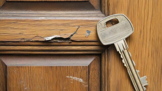 Worn wooden door with crack and key resting on it