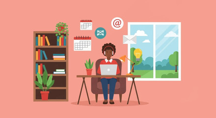 Focused woman working remotely from home with laptop and headphones, surrounded by communication icons and a nature view. Represents productivity, online learning, and modern lifestyle.