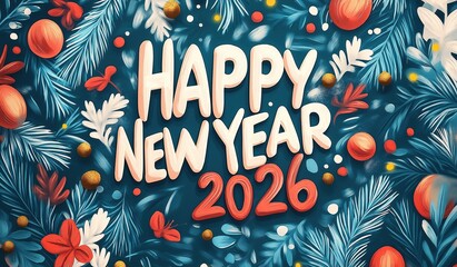 Cartoon style happy new year 2026 text on red and blue winter themed background with colorful flowers pine leaves snowflakes and ornaments, festive celebration design with space for custom messages