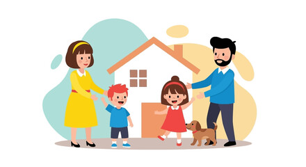 Happy family with two children and a dog in front of their home, depicting unity, real estate, and safe living.