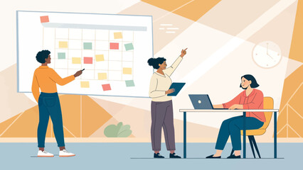 Diverse team collaborates on project strategy, using a whiteboard with sticky notes in a modern office. Highlights teamwork, planning, and professional discussion.