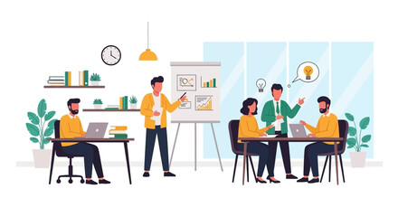 Diverse business team collaborating in a modern office. A presenter shares insights while colleagues discuss new ideas, fostering innovation and strategy for growth.
