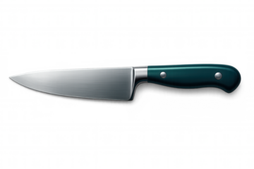 Professional metal knife with green handle lying on transparent background, ideal for cooking and food preparation