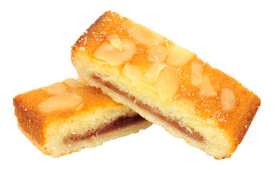 Group of almond slices, pastry bases layered with plum and raspberry jam sponge sprinkled with flaked almonds isolated on a white background