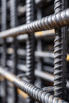 Close-up view of textured steel rebar stacked at a construction site, showcasing industrial materials used for reinforcing concrete structures