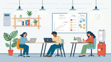 Diverse professionals working efficiently on laptops in a modern open-plan office environment, collaborating on business projects. Focus on productivity and teamwork.