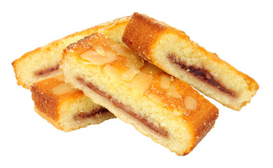 Group of almond slices, pastry bases layered with plum and raspberry jam sponge sprinkled with flaked almonds isolated on a white background